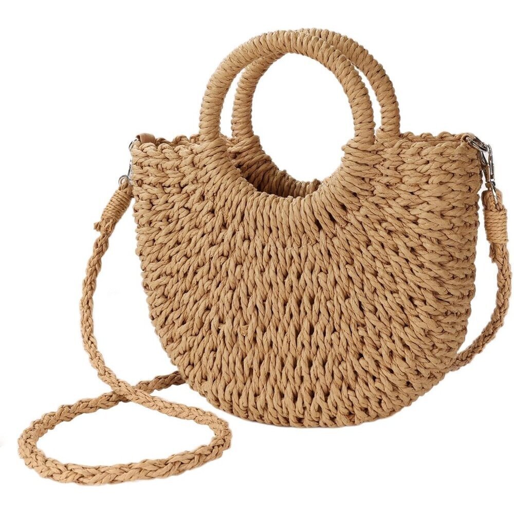 Women's Brown Straw Beach Woven Cross Body Shoulder Top Handle Satchel Handbag